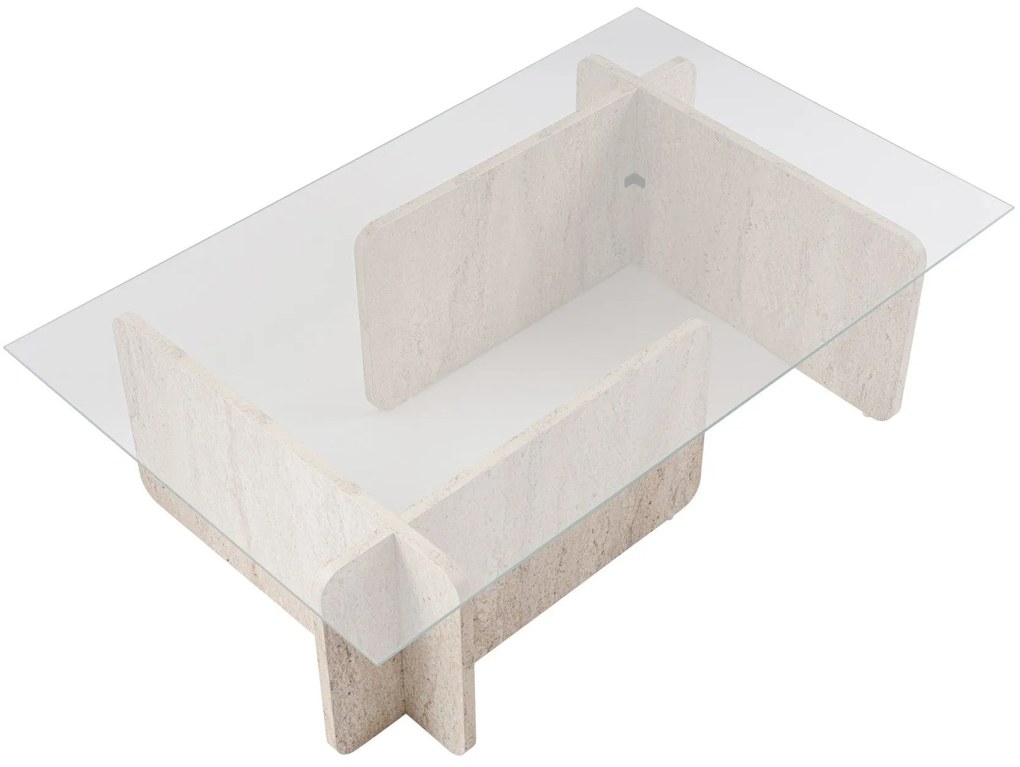 Mesa de Centro "Flavio" – Vidro Temperado e Travertine, 105x65x30 cm,