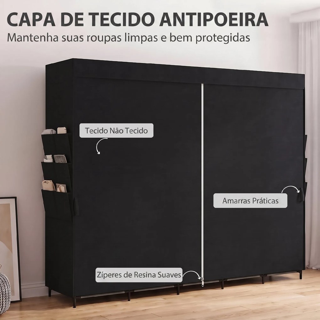 Roupeiro de Tecido com 5 Barras, 5 Prateleiras, 6 Bolsos Laterais, Fecho de Correr, Estrutura em Aço, 212x45x167 cm, Preto