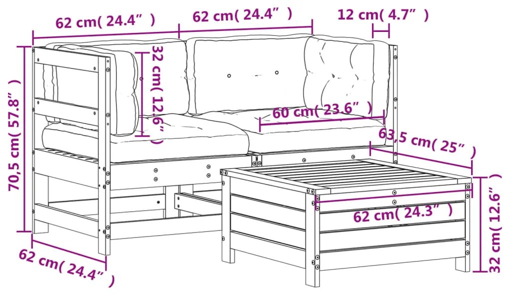 3 pcs conjunto lounge de jardim c/ almofadões pinho impregnado