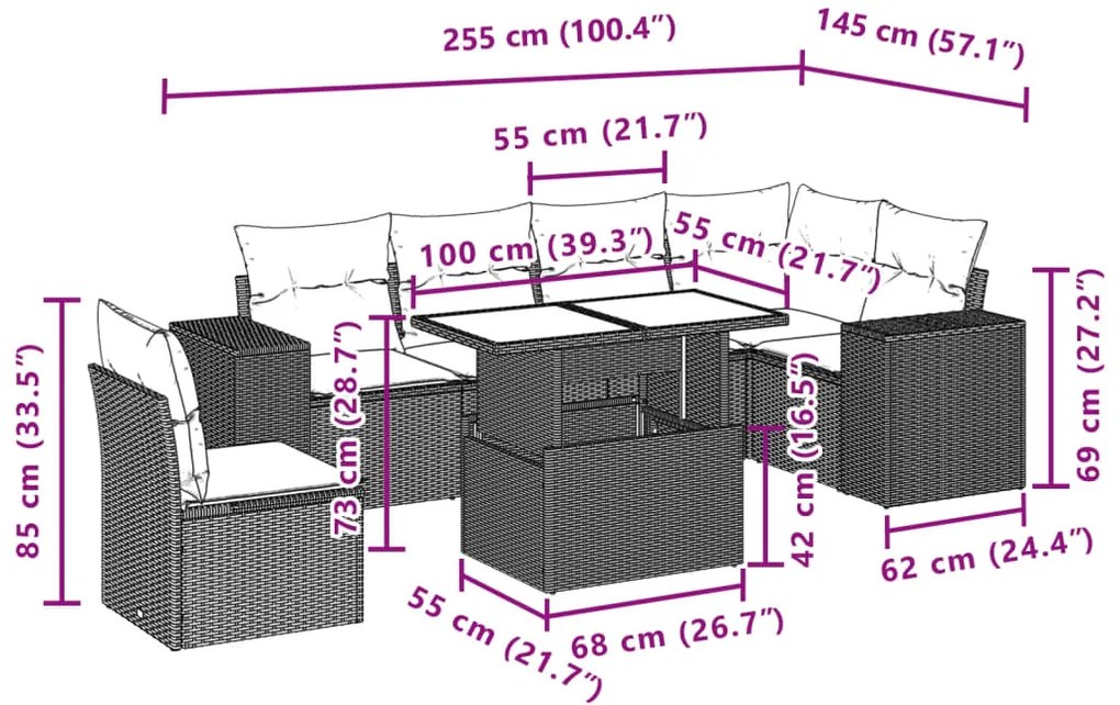 7 pcs conjunto sofás p/ jardim c/ almofadões vime PE cinzento