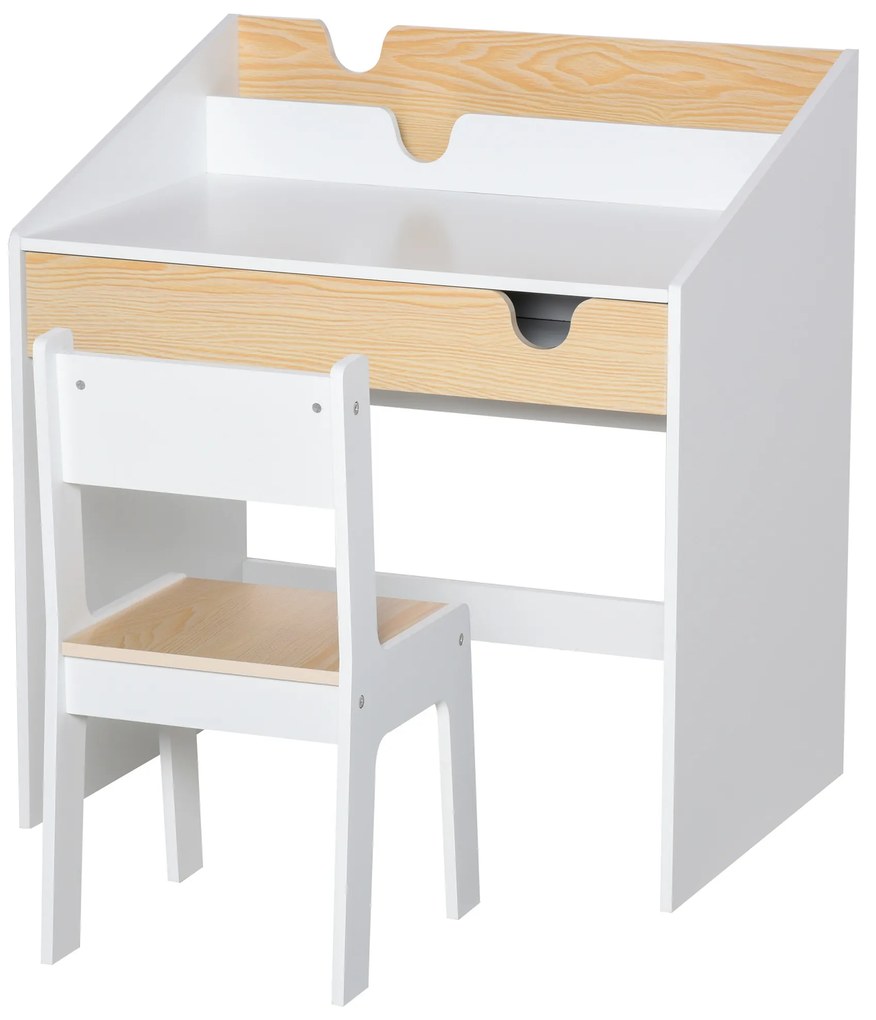 HOMCOM Secretária para Crianças de 3 e 6 Anos Conjunto de Mesa e Cadeira com Prateleira para Livros 70x50x75 cm Branco e Madeira | Aosom Portugal