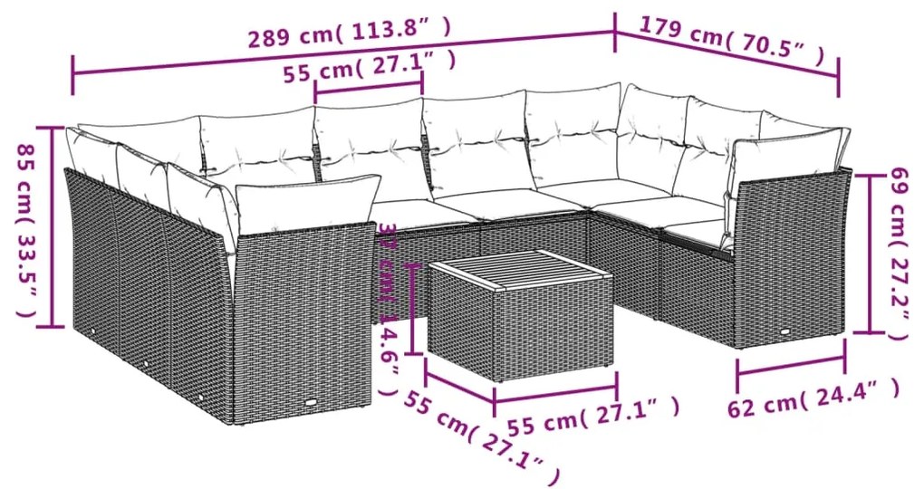 10 pcs conjunto sofás p/ jardim c/ almofadões vime PE cinzento