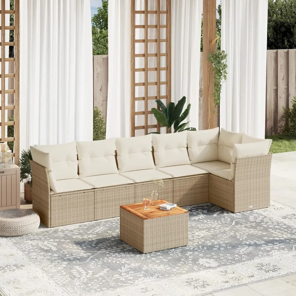 7 pcs conjunto de sofás p/ jardim com almofadões vime PE bege