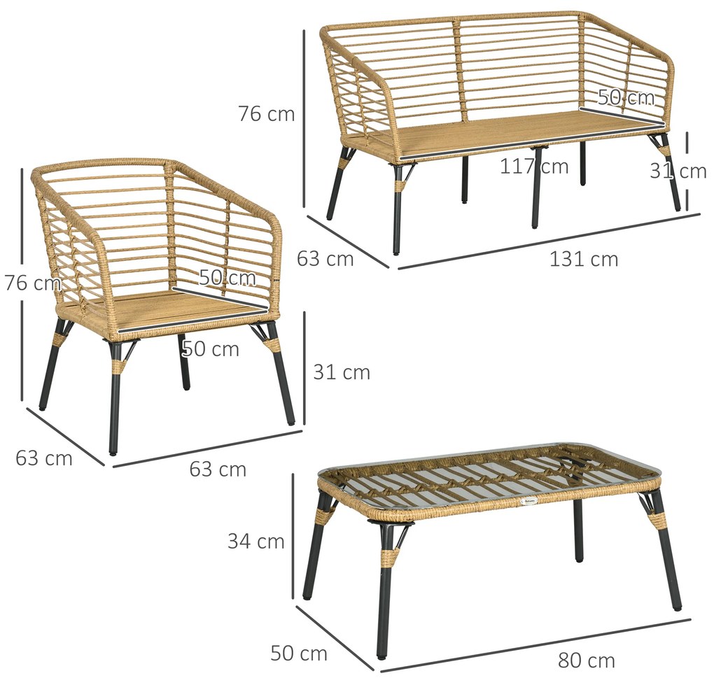 Conjunto de Móveis de Vime para 4 Pessoas Móveis de Jardim de 4 Peças com Sofá de 2 Lugares 2 Poltronas Mesa de Centro e 4 Almofadas para Varanda Páti