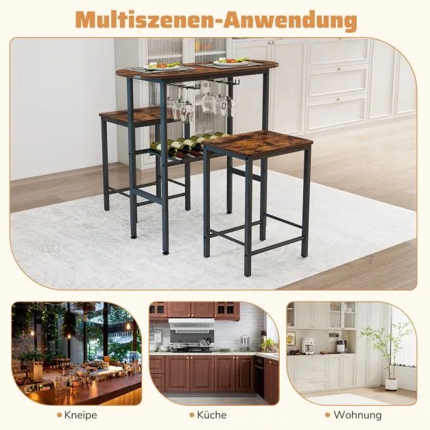 Conjunto de mesa de bar com 2 bancos com suportes para copos de vinho e garrafas, estilo vintage Castanho rústico + Preto