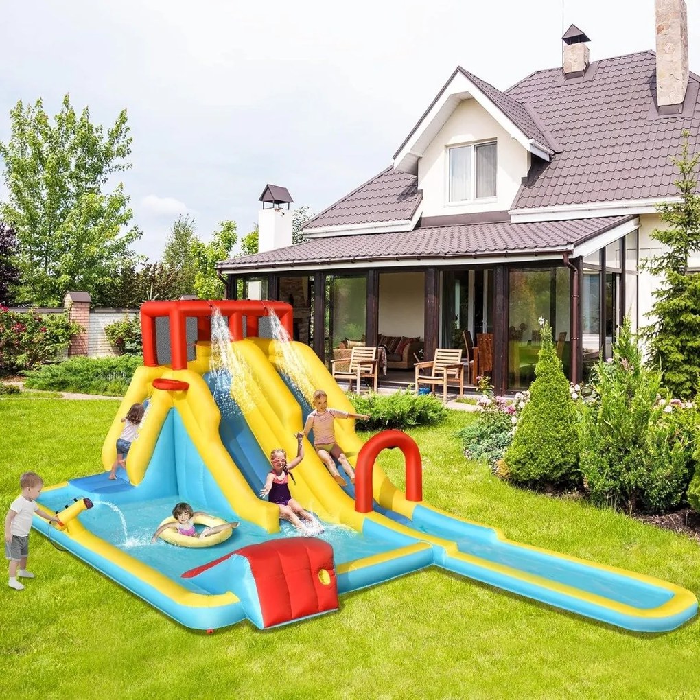 Castelo inflável 6 em 1 para parque aquático com soprador, jatos d'água e escorregador 525 x 373 x 203 cm