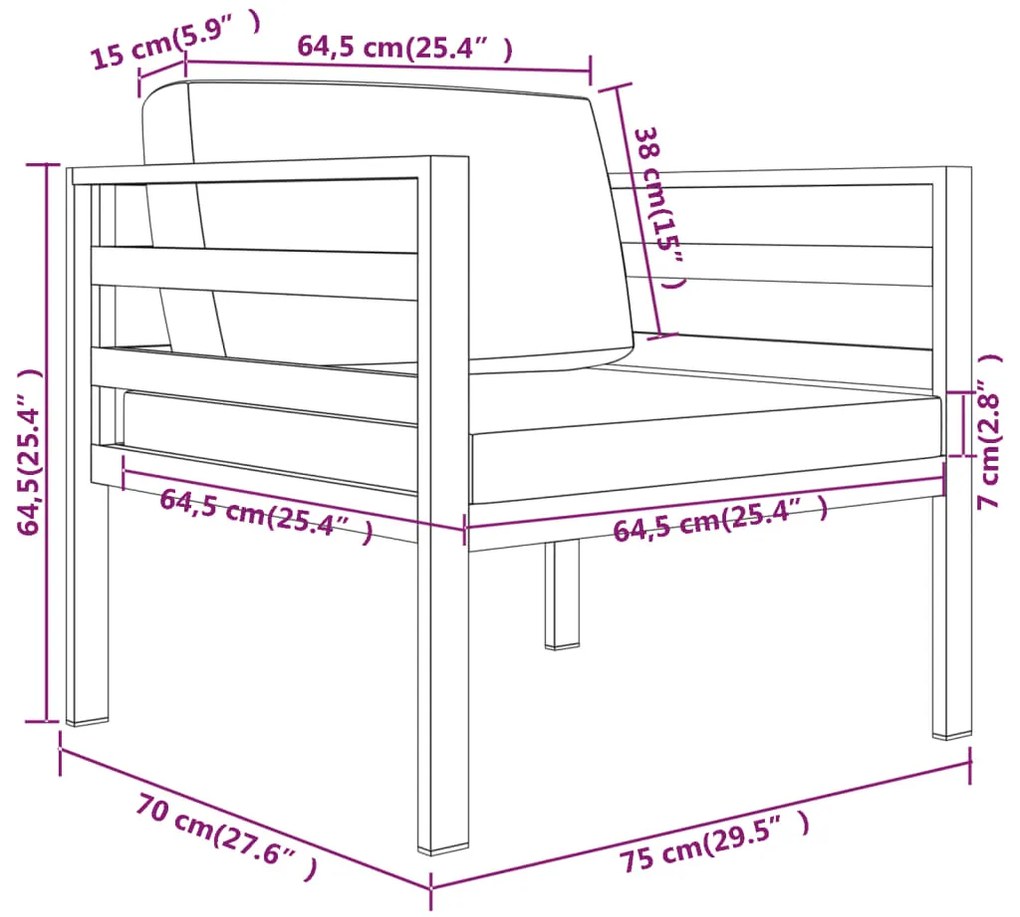 3 pcs conjunto lounge jardim com almofadões alumínio antracite