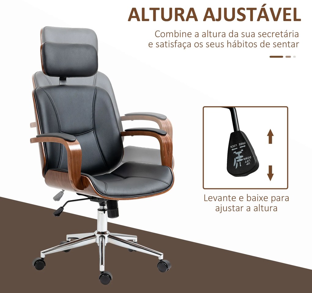 Vinsetto Cadeira de Escritório Operativa de Couro PU com Apoio para a Cabeça Amovível Altura Ajustável 63x62x110-120cm Preto e Madeira