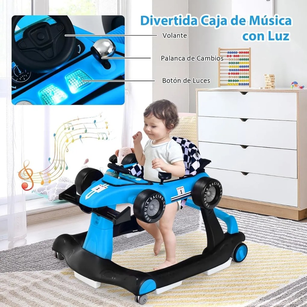 Andarilho dobrável com altura ajustável em 3 níveis, rodas com velocidade regulável e almofada removível para bebés de 6 a 18 meses Azul