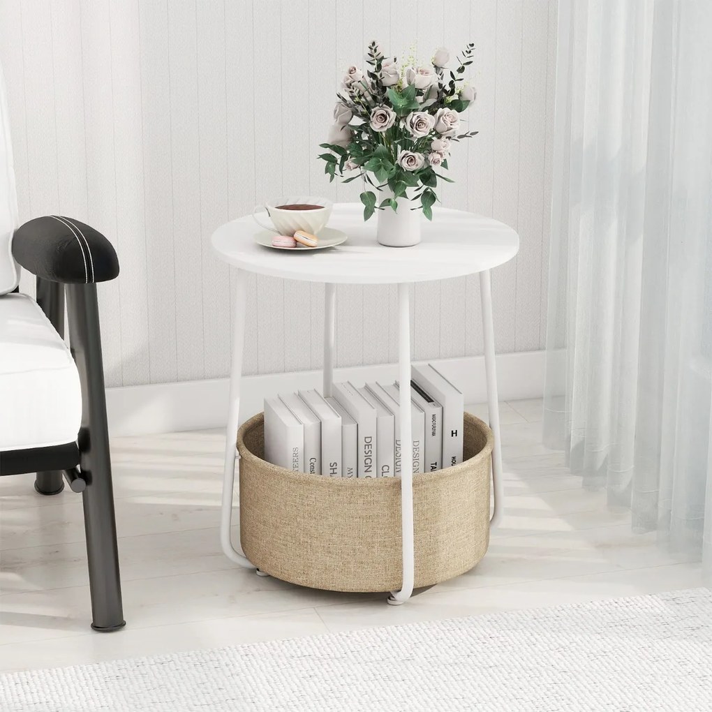 Mesa apoio, Mesa de cabeceira redonda 45 x 45 x 50,5 cm de 2 níveis com cesto de armazenamento em tecido pequena moderna Branca