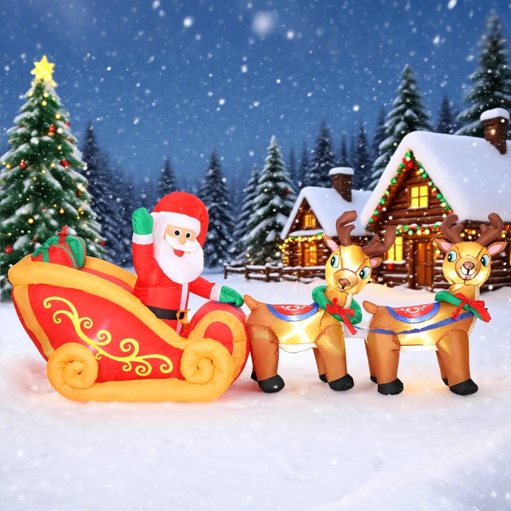 Pai Natal Insuflável com Trenó e Renas Insufláveis de Natal com Luzes LED para Exterior e Interior 240x75x100 cm Multicor
