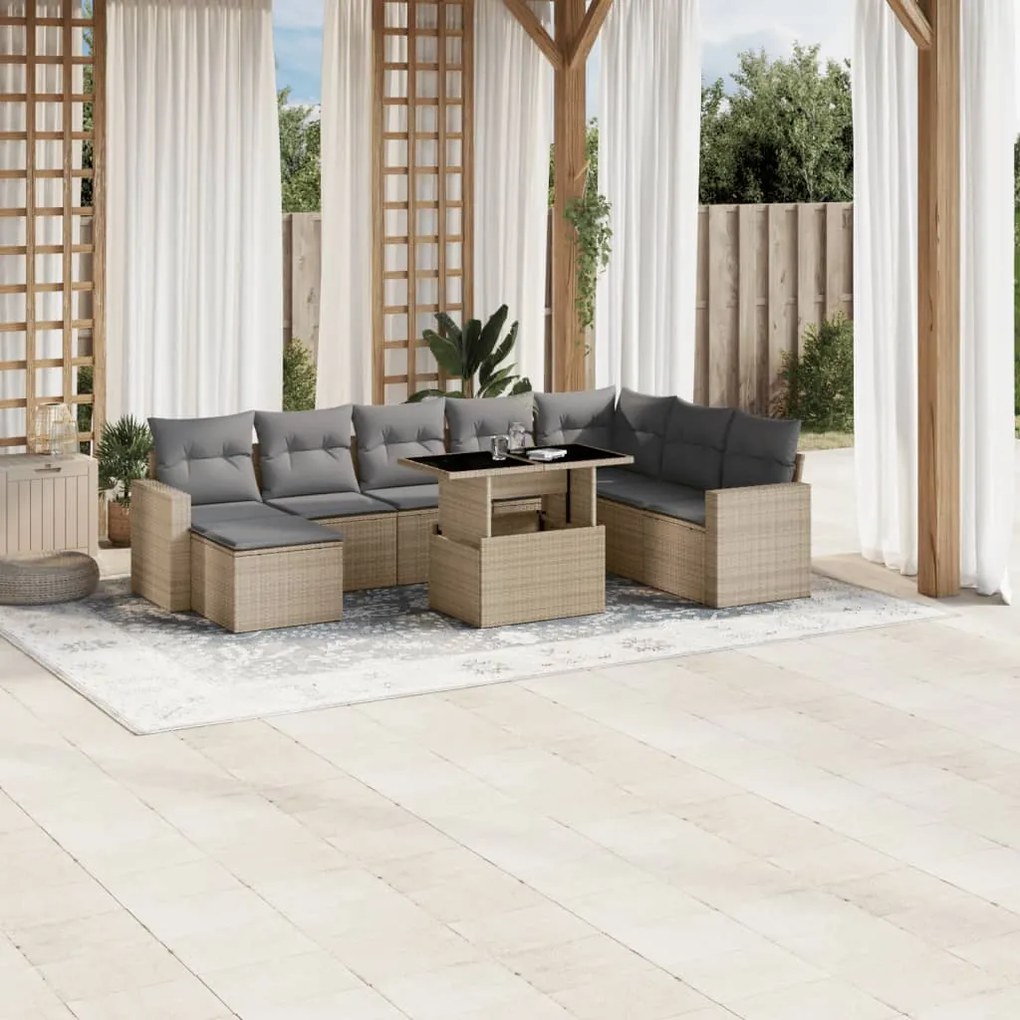9 pcs conjunto de sofás p/ jardim com almofadões vime PE bege