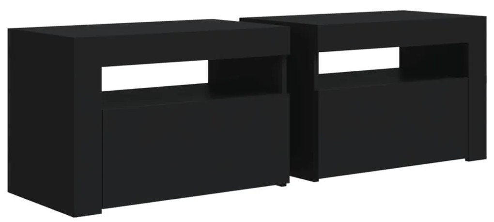 Mesas cabeceira c/ luzes LED 2 pcs 60x35x40 cm preto
