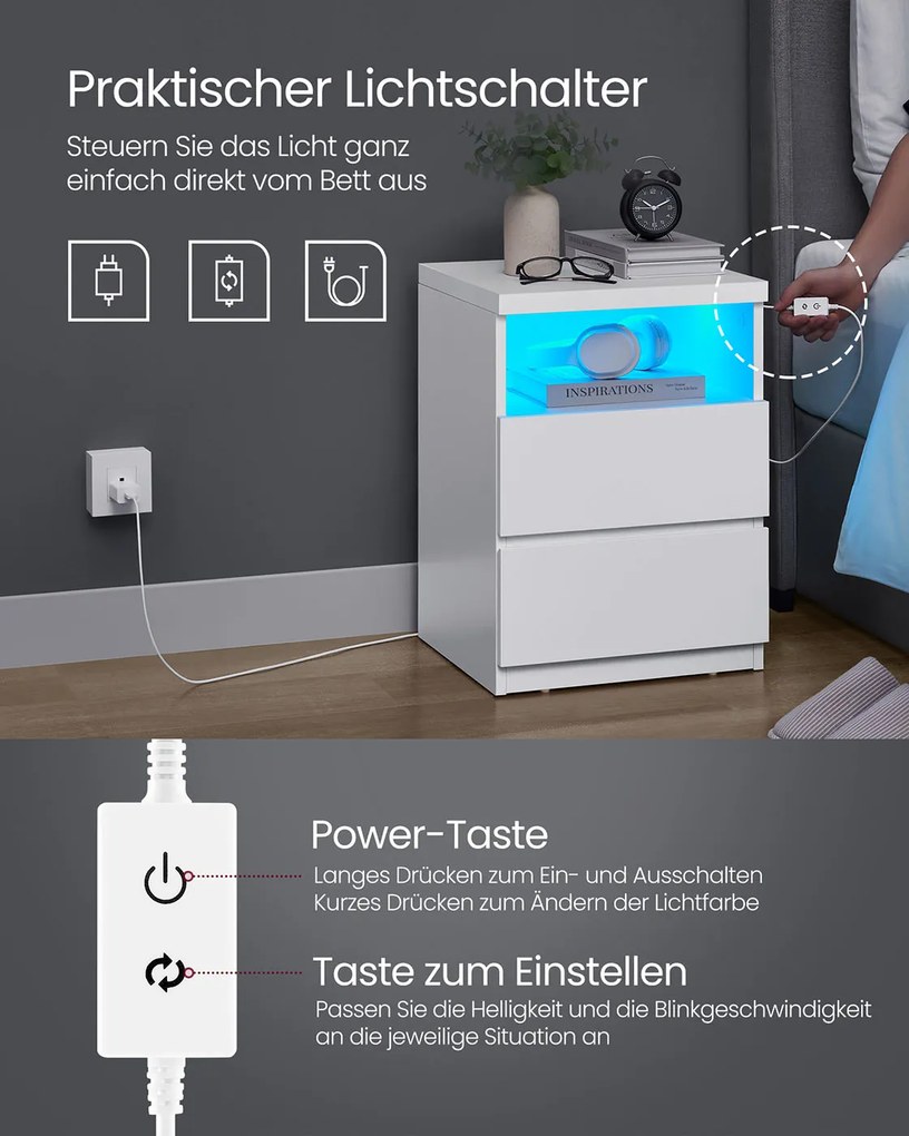 Mesa de cabeceira com iluminação LED regulável 35 x 40 x 55 cm branca