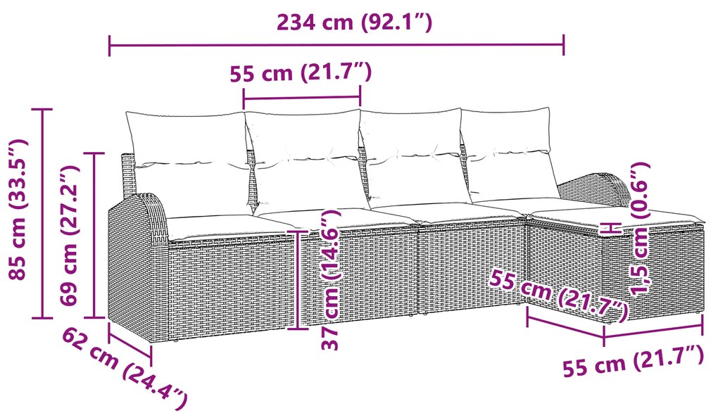 Conjunto de Sofás de 5 Peças com Almofadas Preto Rattan PE