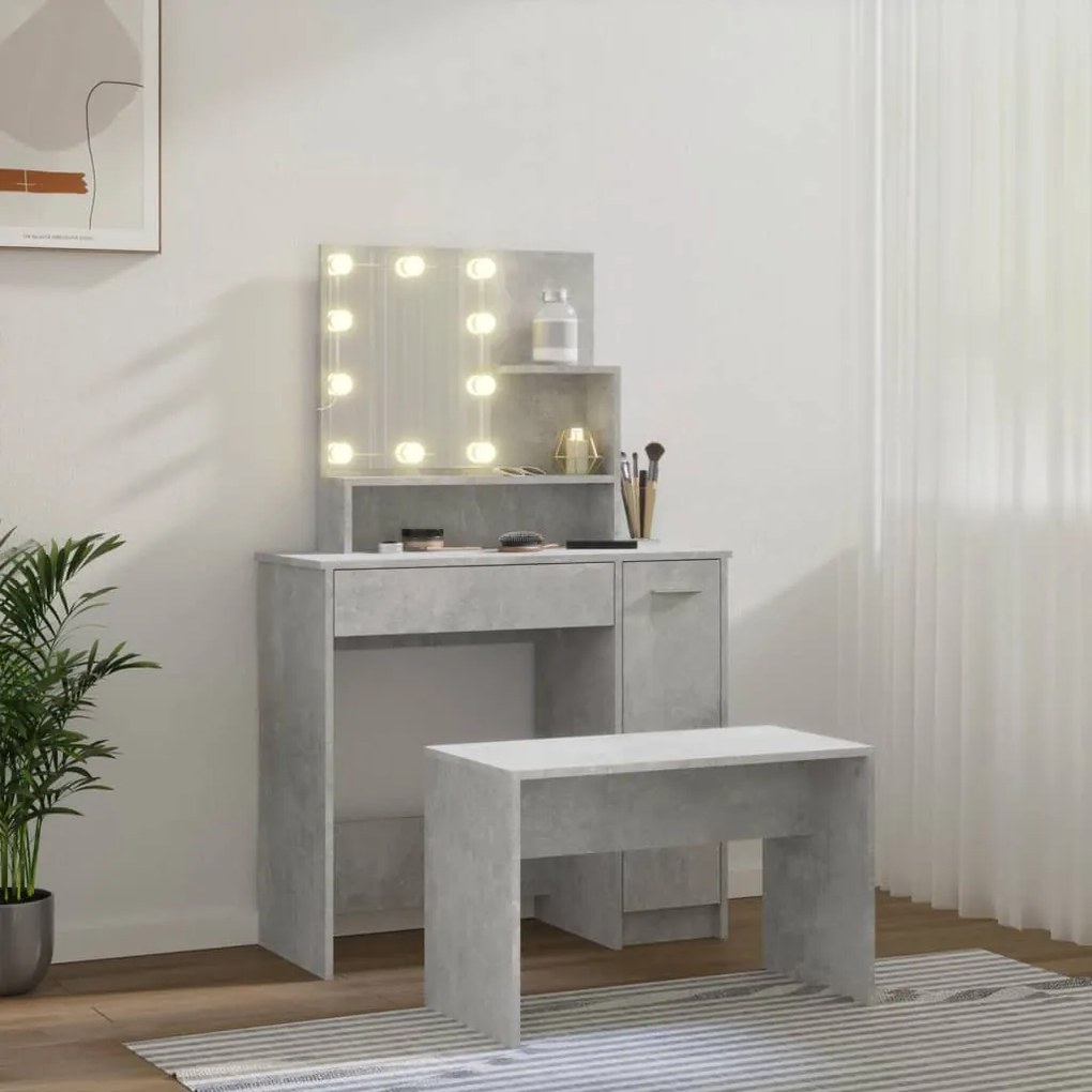 Conjunto toucador c/ LEDs madeira processada cinza cimento