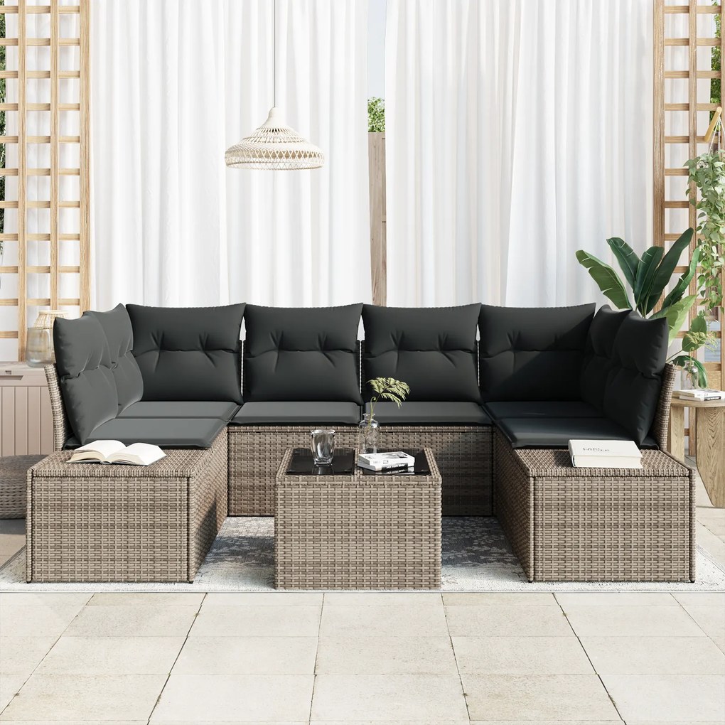 Conjunto de Sofá de Jardim de 7 Peças com Almofadas Cinzento Poli Ratt