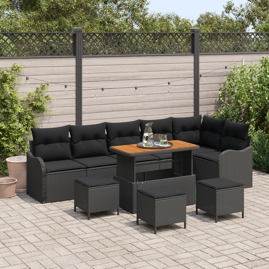 Conjunto de Sofá de Jardim de 10 Peças com Almofadas Preto Rattan Poli