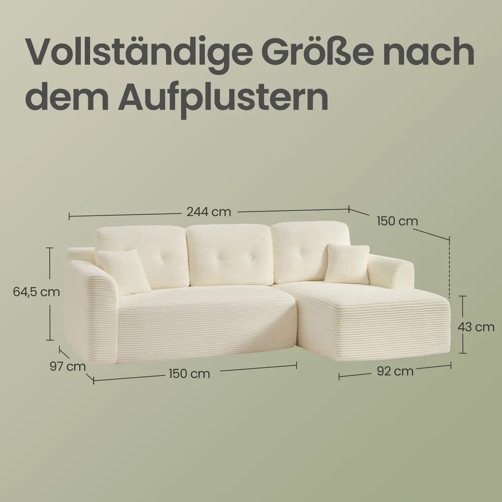 Sofá modular de canto com Chaise long à direita, 150 x 244 x 73 cm branco creme