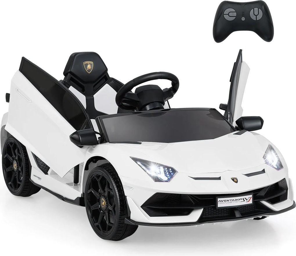 Carro elétrico Lamborghini 12V para crianças com controlo remoto 2,4G e faróis LED 3 a 5km/h  branco