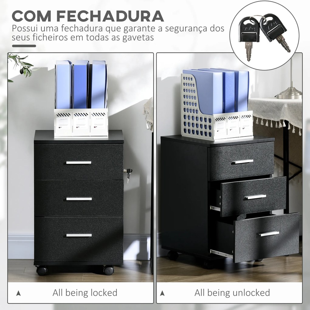 Bloco de Gavetas para Escritório Móvel de Arquivos com 3 Gavetas e Fechadura para Secretária Casa 40x40x61,5 cm Preto