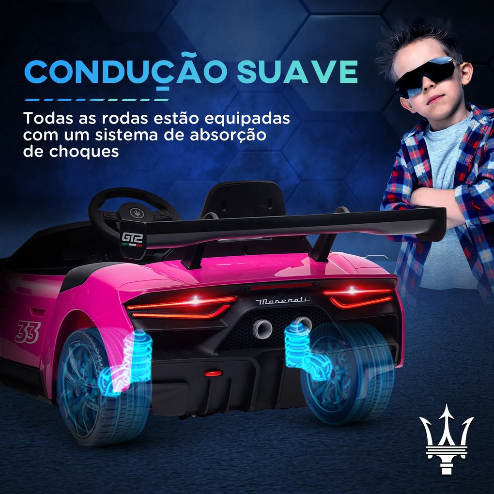 Carro Elétrico para Crianças Carro Maserati GT2 12V  com Controlo Remoto Faróis LED Buzina E Música  115x60x45 cm rosa
