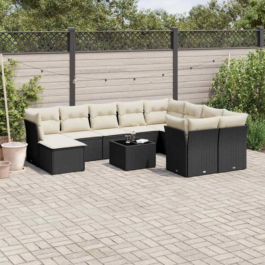 11 pcs conjunto sofás de jardim c/ almofadões vime PE preto