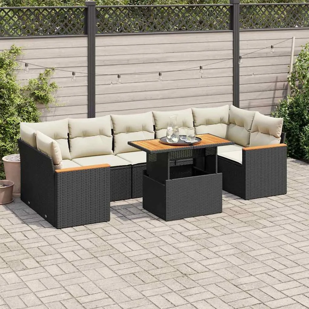8 pcs conjunto sofás jardim com almofadões vime PE/acácia preto