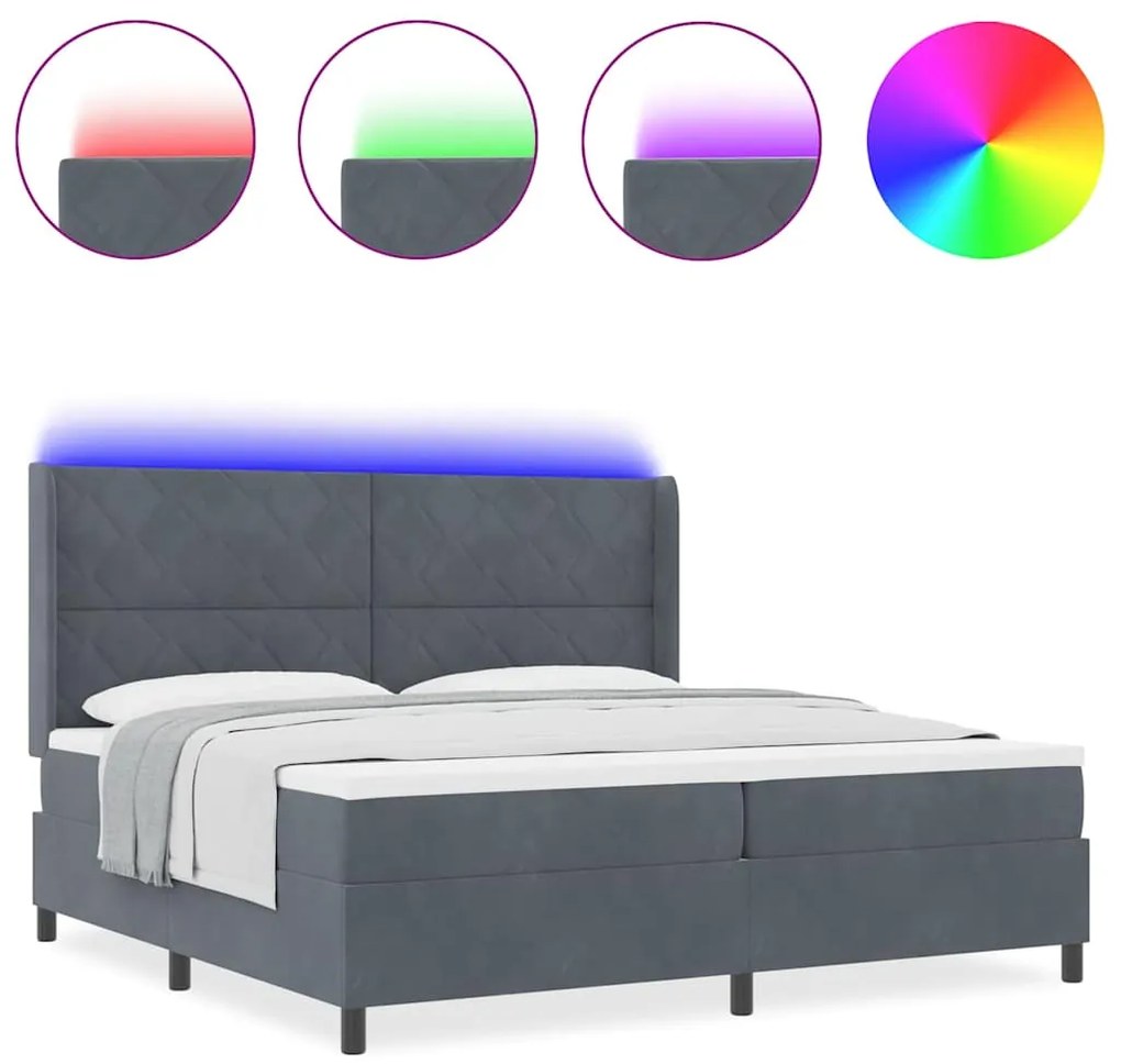 Cama Box Spring com Colchão &amp; LED Cinza Escuro 200x200 cm Veludo