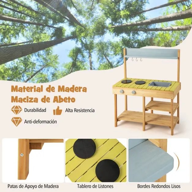 Fogão de barro de madeira, conjunto de cozinha exterior com 3 ganchos suspensos, 2 fogões, pia removível e prateleiras abertas cor natural