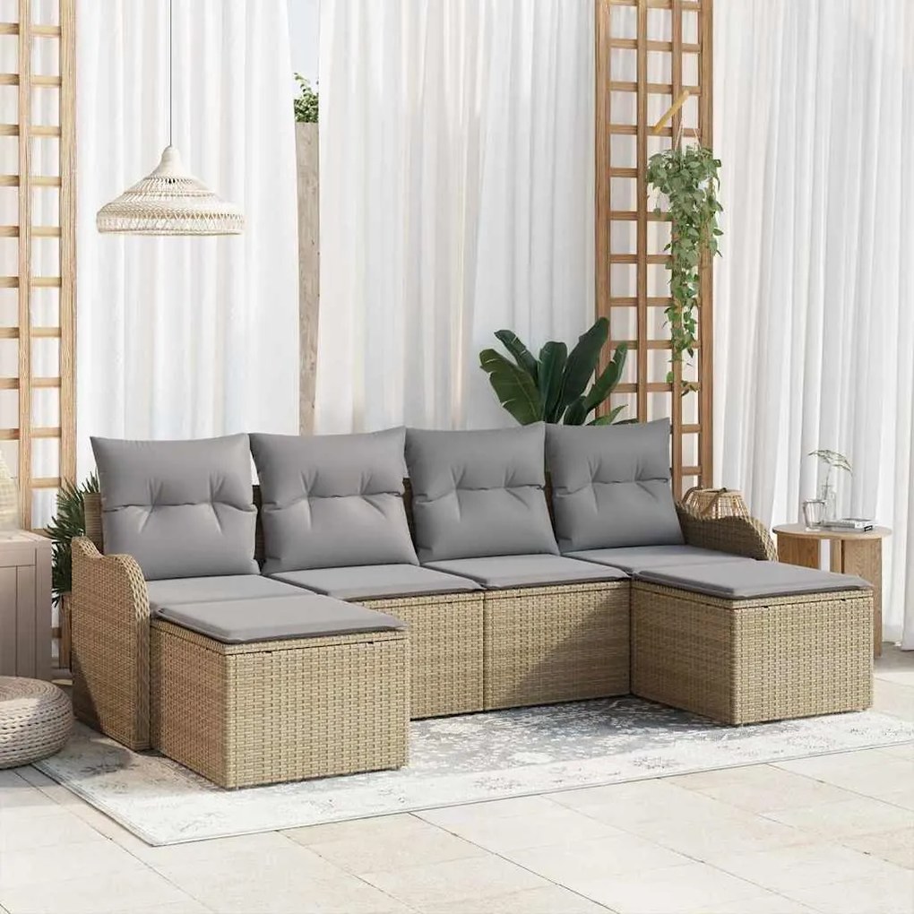 vidaXL Conjunto de Sofás de Jardim com 6 Peças e Almofadas Beiges em Rattan Sintético