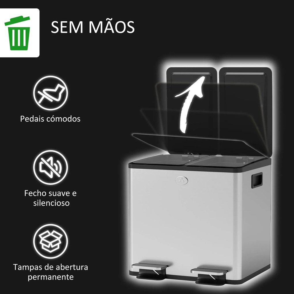 Balde de Lixo de Cozinha com 2 Compartimentos 2x15L Cubo de Lixo de Aç