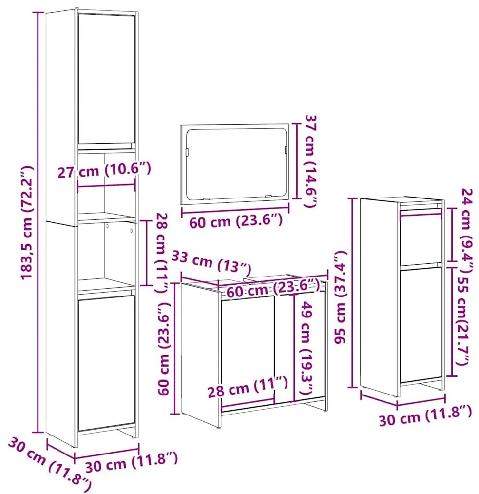 4 pcs conj. móveis casa banho derivados madeira cinza cimento