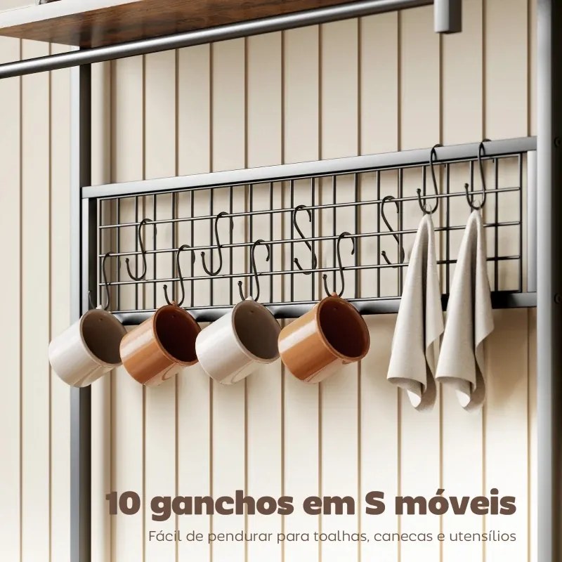 Armario de Cozinha com Três Tomadas e Luzes LED Estilo Industrial com Prateleiras para Micro-ondas 80x42x162 cm Castanho Rústico e Preto