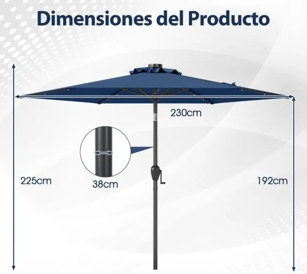 Guarda-sol LED com luzes LED Solares Sistema de inclinação com botão 230 x 230 x 225 cm Azul marinho