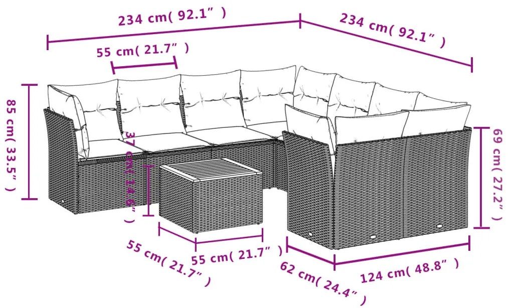 9 pcs conjunto sofás p/ jardim com almofadões vime PE cinzento