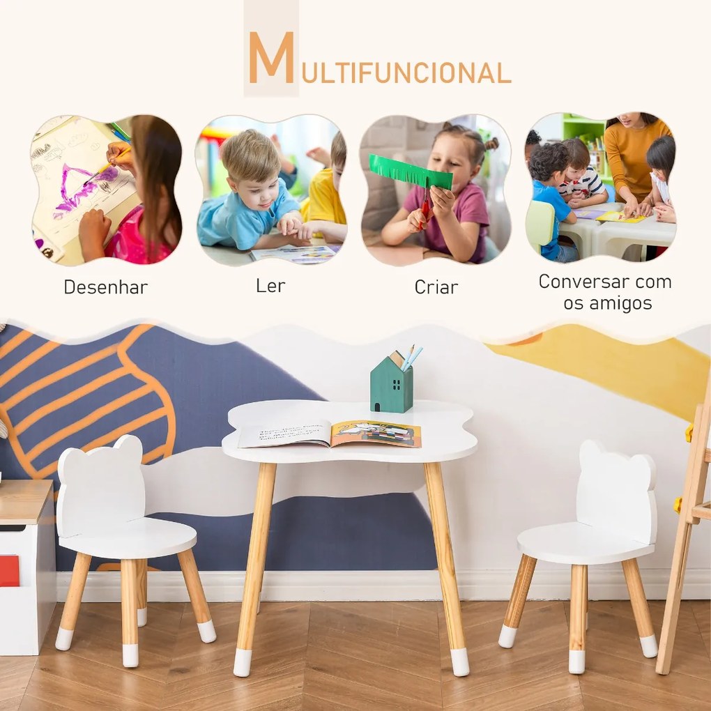 Conjunto Infantil de Mesa e 2 Cadeiras de Madeira Móveis Infantil para Sala de Jogos Dormitório de Crianças Mesa 56x56x50cm e Cadeira 28x25x46cm Branc