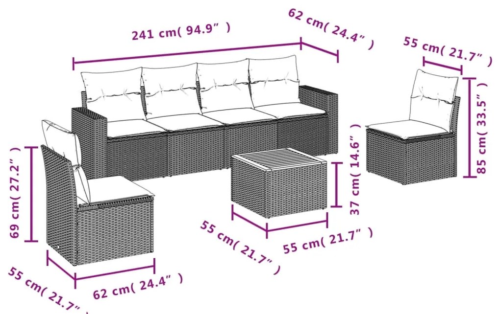 7 pcs conjunto sofás p/ jardim c/ almofadões vime PE cinzento