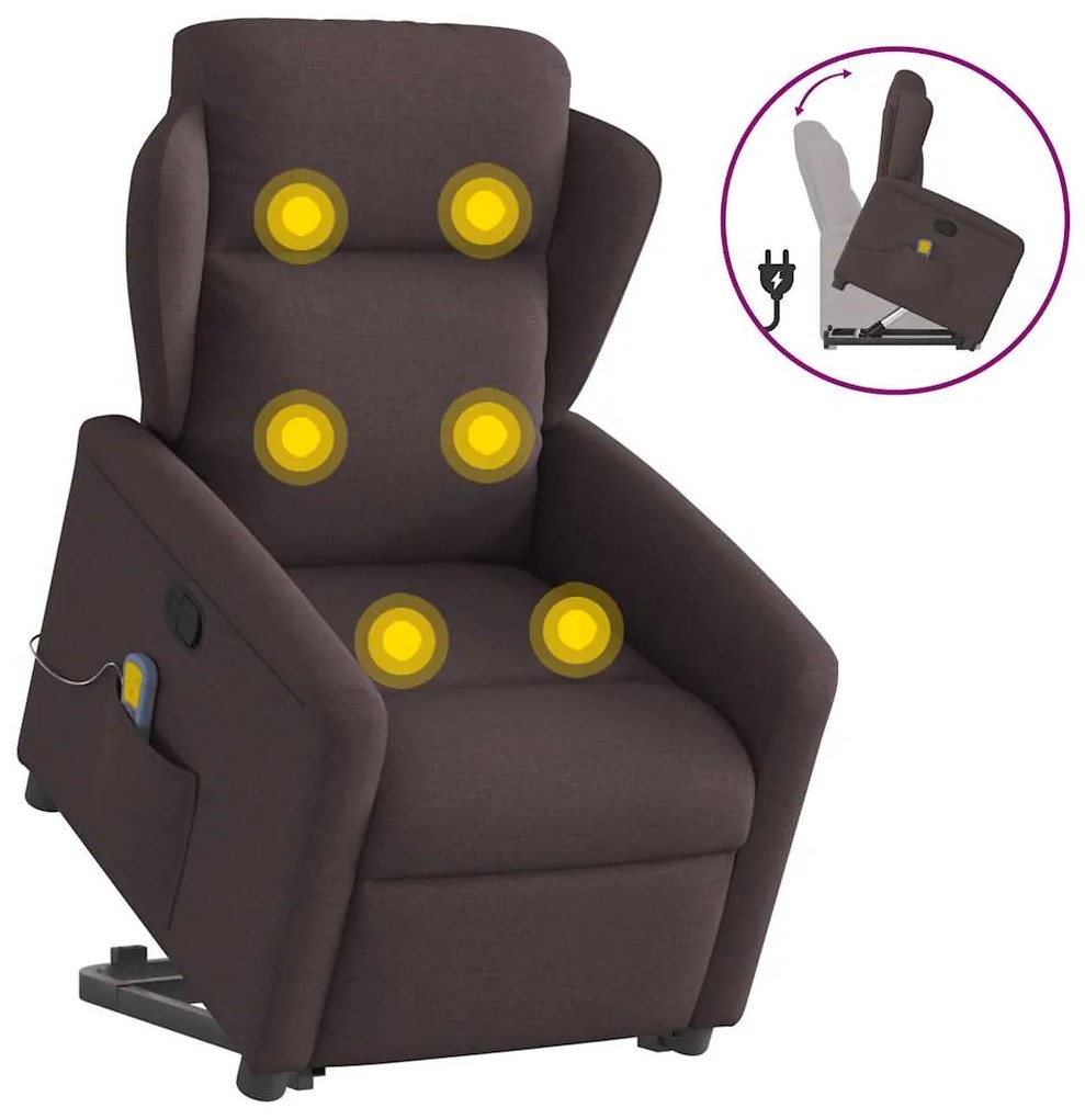 vidaXL Poltrona massagens reclinável elevatória tecido castanho-escuro
