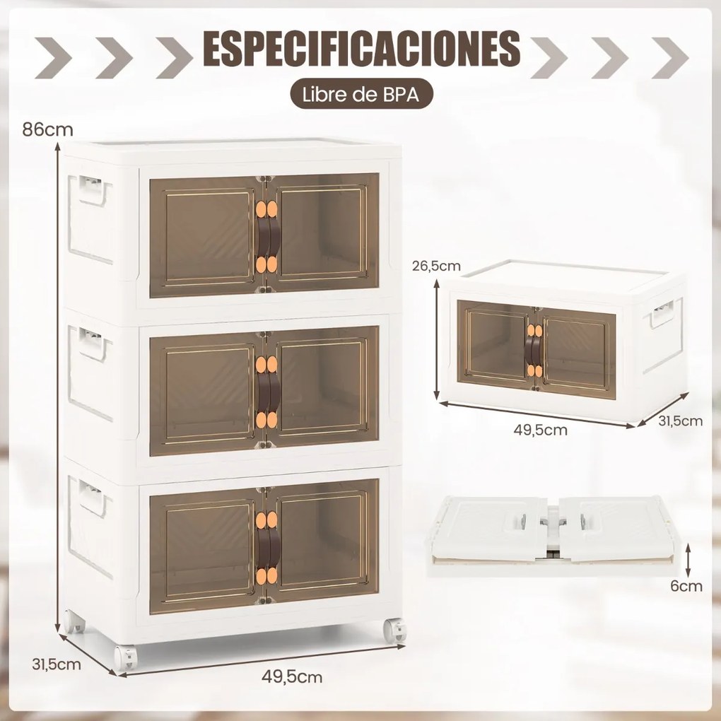 Conjunto de 3 caixas arrumação empilháveis com portas de rodas com fecho e tampas dobráveis em PP para o quarto 49,5 x 31,5 x 86 cm  Branco