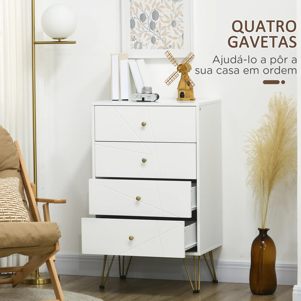 Cómoda de Quarto Moderna Cómoda de Madeira com 4 Gavetas e Pés Metálicos para Sala Escritório 60x40x100 cm Branco