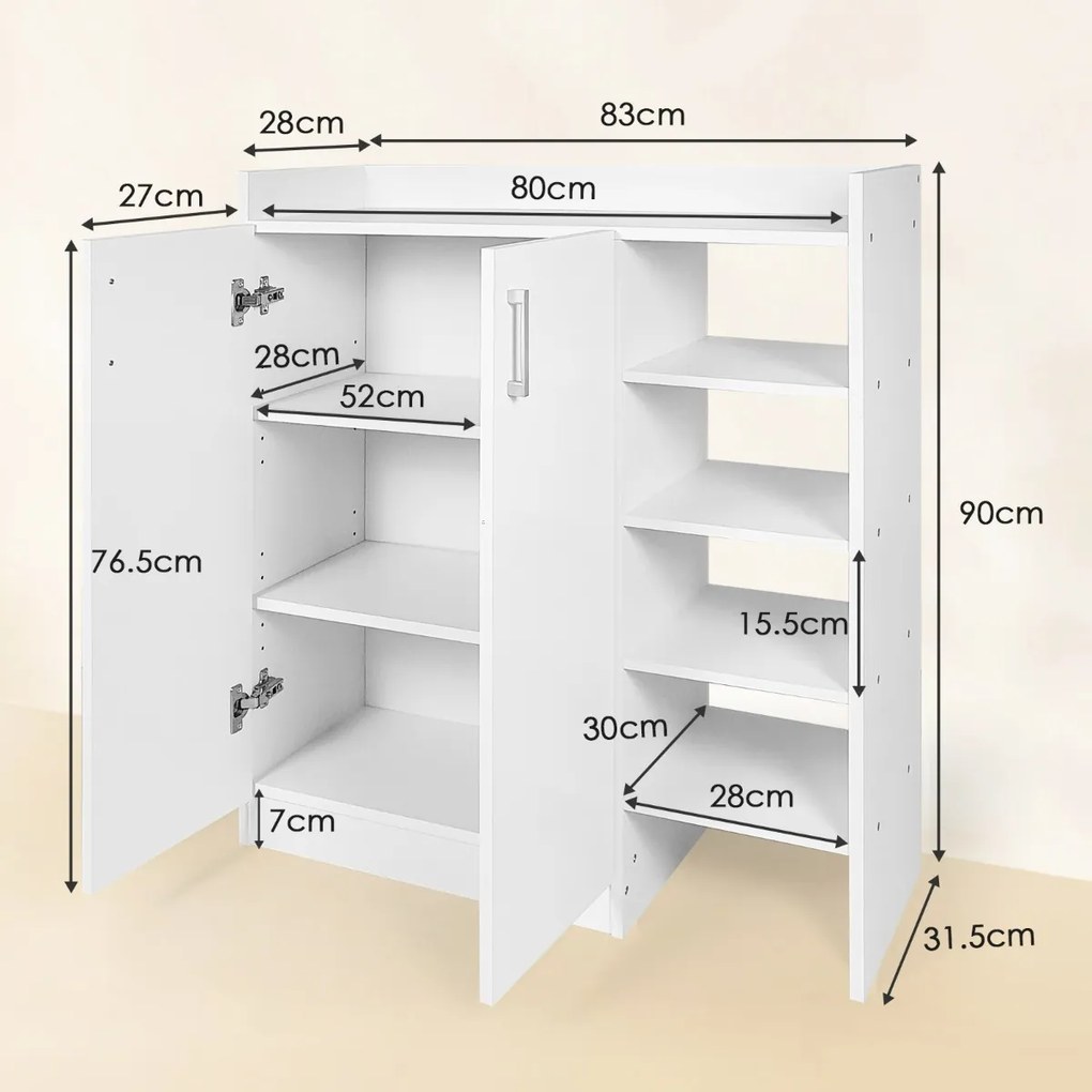 Sapateira 83 x 31,5 x 91 cm para guardar sapatos com prateleiras ajustáveis em 3 posições Branco