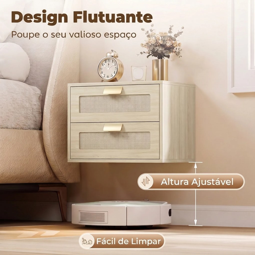 Conjunto de 2 Mesinhas de Cabeceira Suspensas com 2 Gavetas e Frente em Rotim Natural para Quarto 40x30x27,6 cm Carvalho