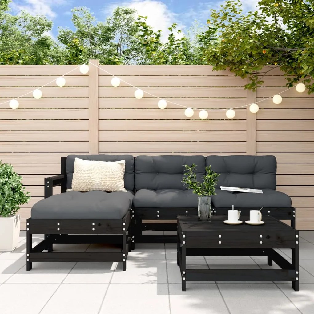 vidaXL 5pcs conjunto lounge jardim com almofadões madeira maciça preto