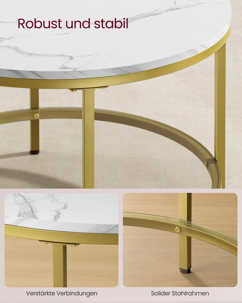 Mesa de centro de 2 níveis com tampo de vidro imitação mármore 65 x 46 cm (Ø x H) branco-Dourado claro