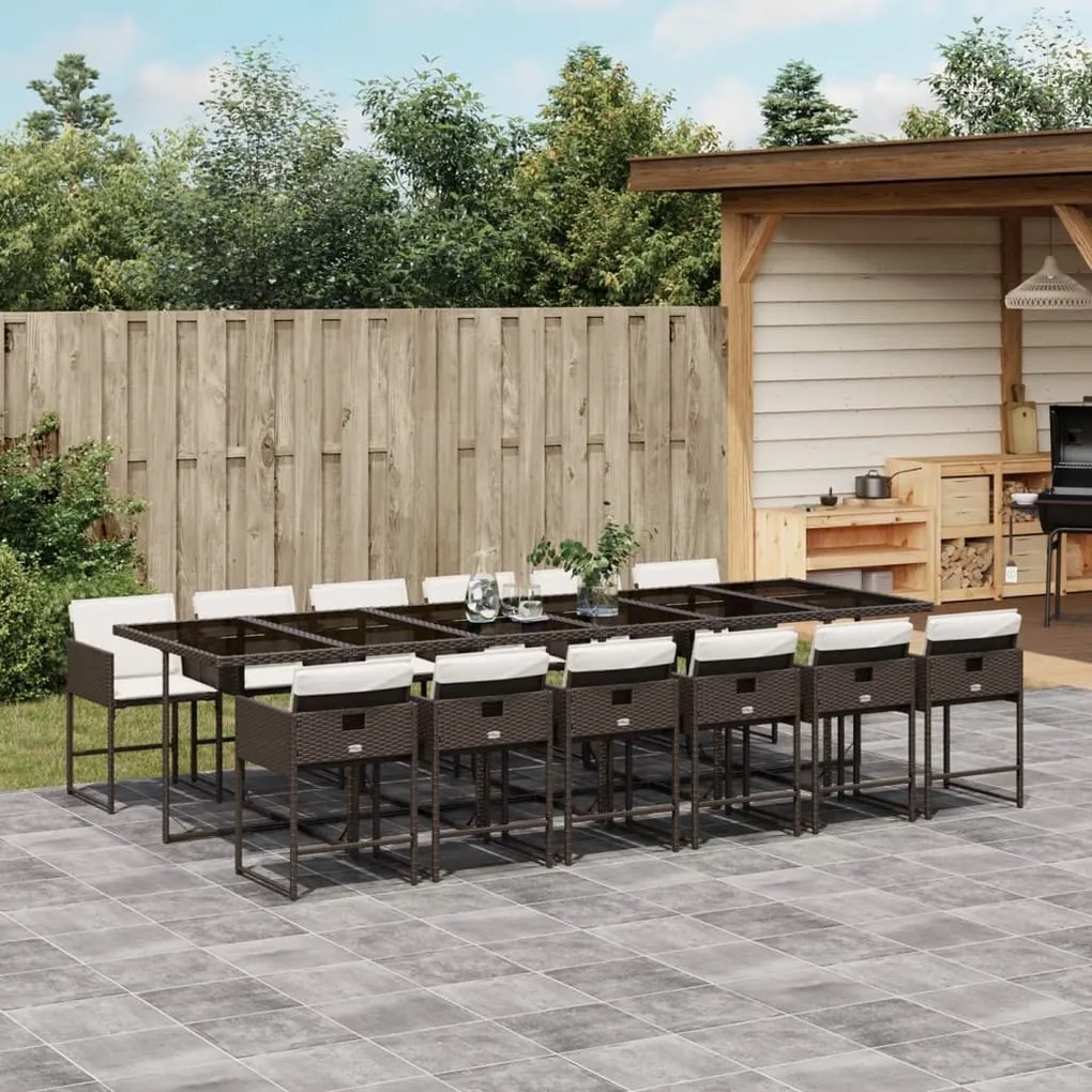 vidaXL 13 pcs conjunto jantar p/ jardim c/ almofadões vime PE castanho