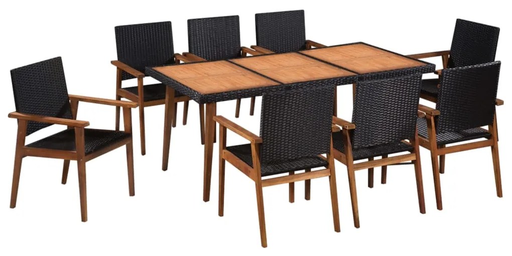 vidaXL 9 pcs conjunto de jantar para jardim vime PE preto e castanho