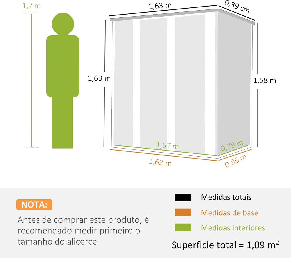 Abrigo de Jardim Exterior Metálico 1,37 m² 163x89x163 cm com Telhado Inclinado, Portas com Fecho e Luvas Cinzento