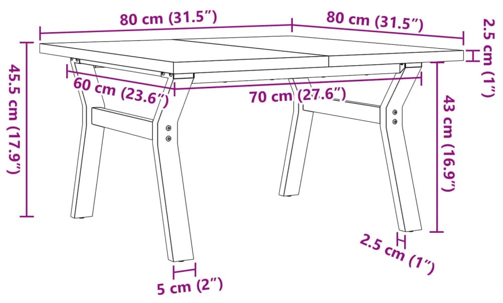 Mesa de centro estrutura em Y 80x80x45,5 cm pinho/aço
