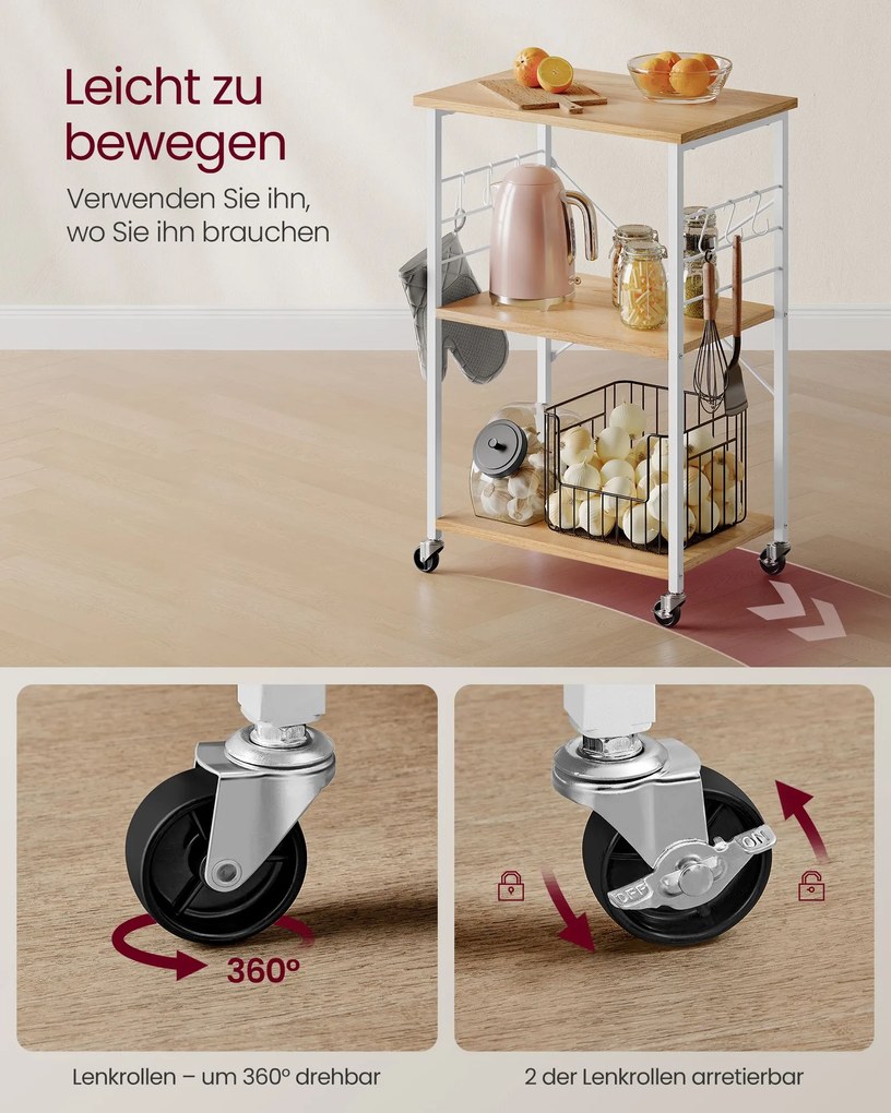 Carrinho de cozinha com Rodas com 3 níveis 40 x 60 x 89 cm carvalho dourado, branco-nuvem